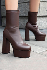 Black Round Toe Platform Chunky Heel Ankle Boots