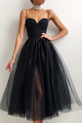 Black sweetheart tulle A-line prom dress