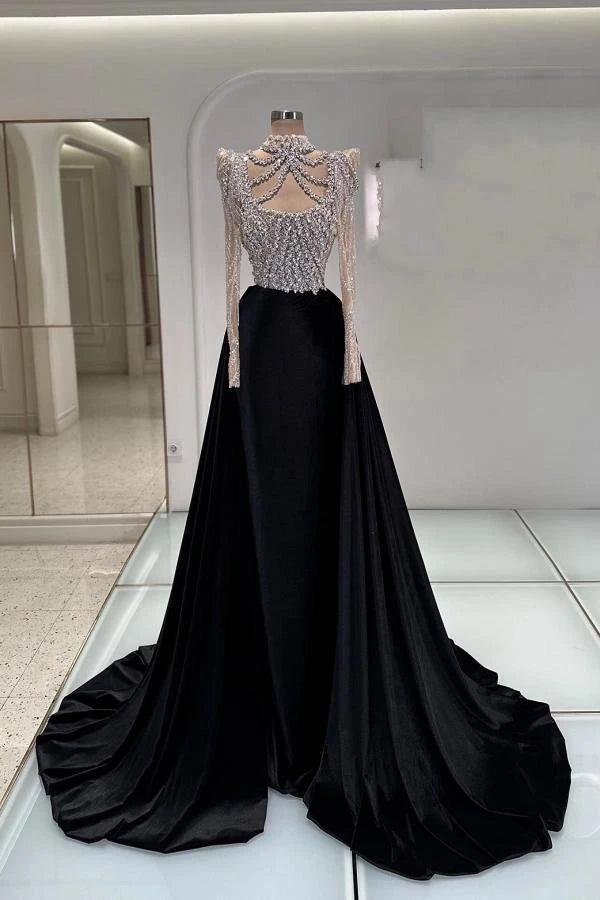 Black Satin Ball Gown Evening Dress High Neck Long Sheer Illusion Sleeves  Allover Silver Crystal Gemstone Beaded Corset Bodice Oversized Crystal 