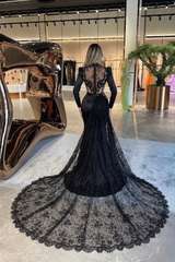 Black Satin Mermaid Evening Dress High Neck Long Sleeves Sheer Illusion Boned Corset Bodice 3D Lace Floral Applique Sequin Beaded Satin Fitted Skirt Back Bow Oversized Lace Cape Train Scallop Hem Formal Gown