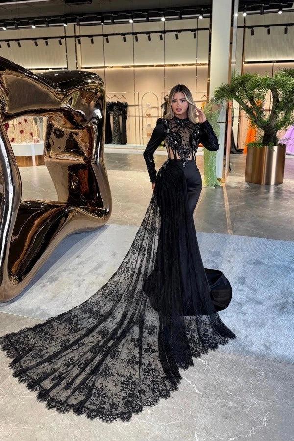 fitted dress with back out Black Satin Mermaid Evening Dress High Neck Long Sleeves Sheer Illusion  Boned Corset 3D Lace Floral Appliqué Sequin Beaded Back Bow Oversized Lace  Cape Train