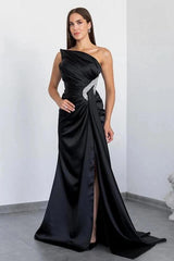 Black Satin Mermaid Evening Dress One Shoulder Ruched Crystal Waist Belt Thigh-High Slit Formal Gown