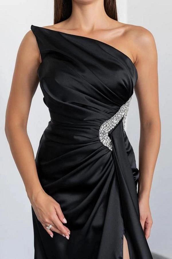Black Satin Mermaid Evening Dress One Shoulder Ruched Crystal Waist Belt Thigh-High Slit Formal Gown