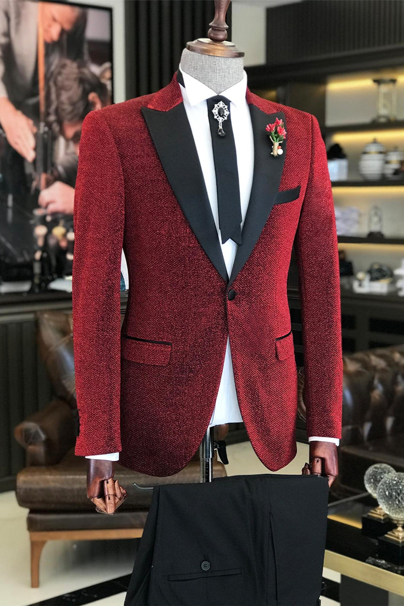 Black Satin Peak Lapel Sparkling Red Fashionable Men’s Ball Suit