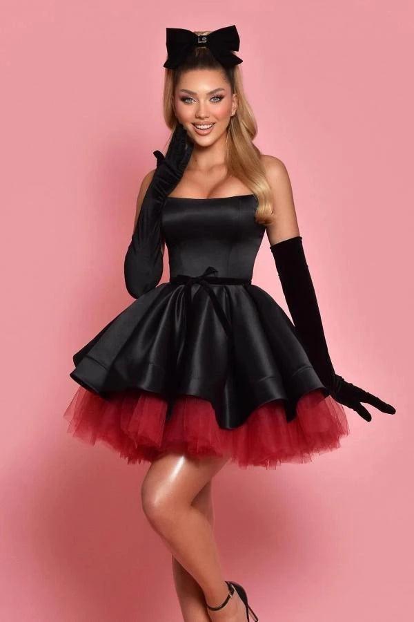 Black Satin Strapless Corset Mini Dress Bow Waist Two Tone Burgundy Tulle Skirt Homecoming Party Gown
