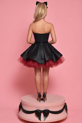 Black Satin Strapless Corset Mini Dress Bow Waist Two Tone Burgundy Tulle Skirt Homecoming Party Gown