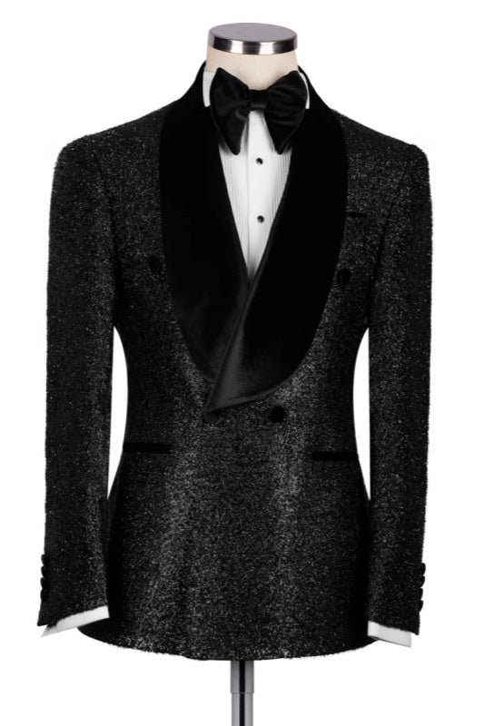 Black Sequined Double Breasted Wedding Suit With Velvet Shawl Collar