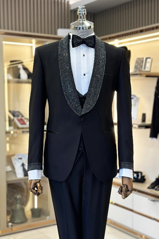 Black Sequined Lapel Three-Piece Men's Suit