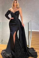 Black Sequins One Shoulder Sweetheart Long Sleeve Floor-length Split Front Mermaid Prom Evening Dresses with Train