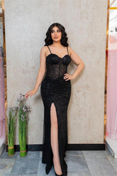 Black Sequins Spaghetti Strap Sweetheart Sleeveless Long Formal Dress With Split