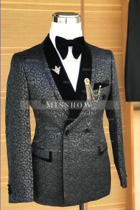 Black Shawl Collar Double-Breasted Slim Fit Jacquard Wedding Attire