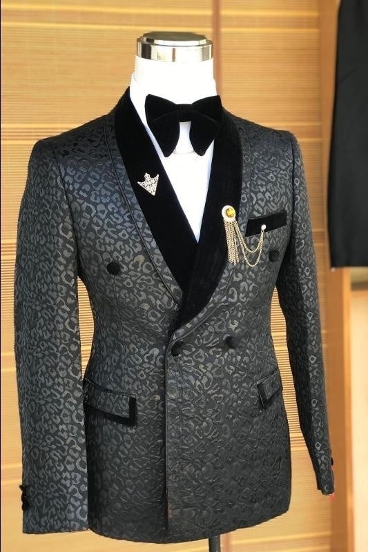 Black Shawl Collar Double-Breasted Slim Fit Jacquard Wedding Attire