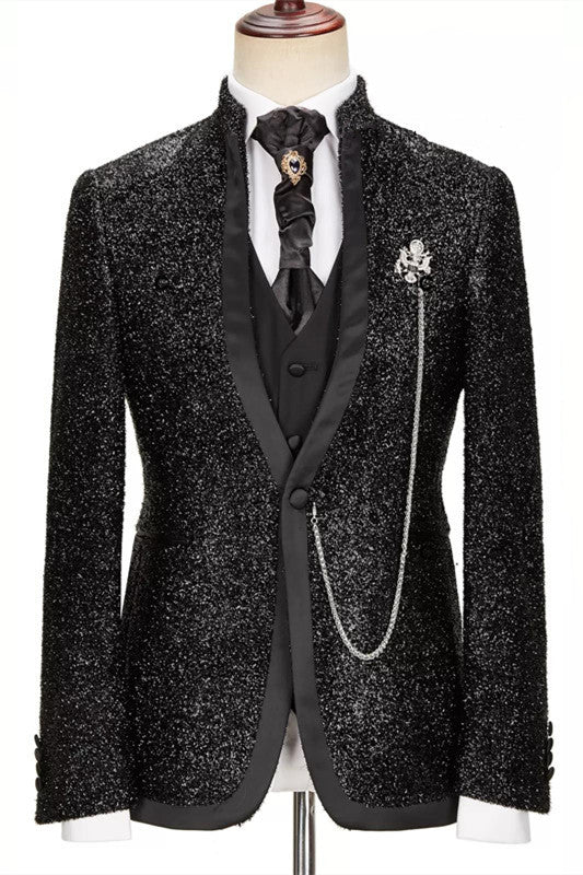 Black Shiny Stand Collar Fashion Three-Piece Prom Suit