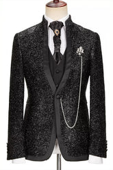 Black Shiny Stand Collar Fashion Three-Piece Prom Suit
