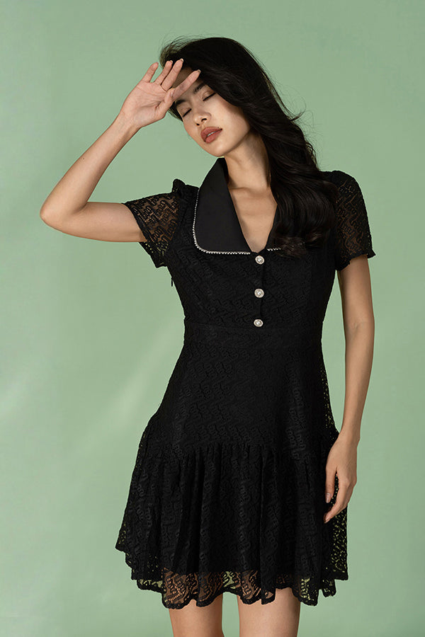 Black Short V-neck Lace Short Sleeves Dress