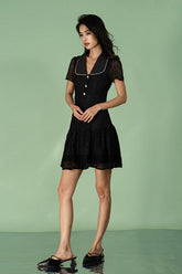 Black Short V-neck Lace Short Sleeves Dress