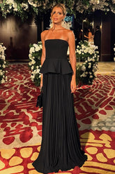 Black Sleeveless Strapless Long Formal Dress With Pleated Ruffles
