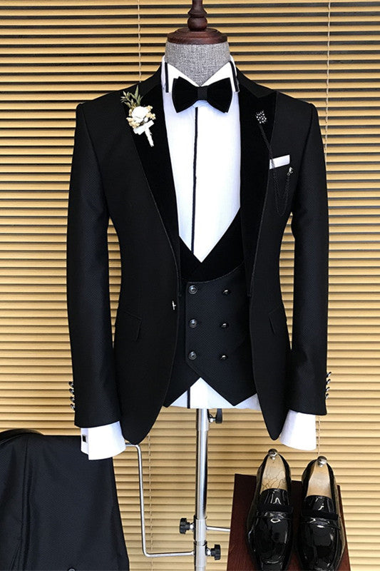 Black Slim Fit Three-Piece Peaked Lapel Business Suit