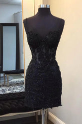Black Spaghetti Straps Bodycon Corset Short Homecoming Dress with Appliques