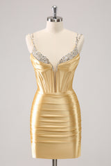 Black Spaghetti Straps Bodycon Satin Corset Homecoming Dress with Beading