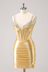 Black Spaghetti Straps Bodycon Satin Corset Homecoming Dress with Beading