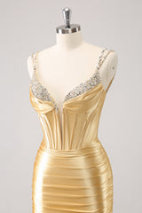 Black Spaghetti Straps Bodycon Satin Corset Homecoming Dress with Beading