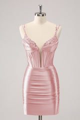 Black Spaghetti Straps Bodycon Satin Corset Homecoming Dress with Beading