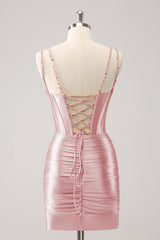 Black Spaghetti Straps Bodycon Satin Corset Homecoming Dress with Beading