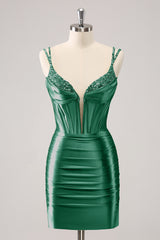 Black Spaghetti Straps Bodycon Satin Corset Homecoming Dress with Beading