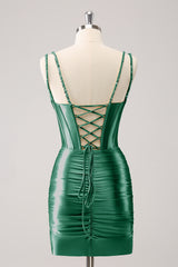 Black Spaghetti Straps Bodycon Satin Corset Homecoming Dress with Beading