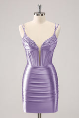 Black Spaghetti Straps Bodycon Satin Corset Homecoming Dress with Beading