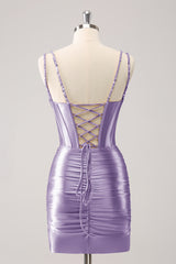 Black Spaghetti Straps Bodycon Satin Corset Homecoming Dress with Beading