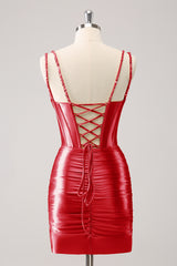 Black Spaghetti Straps Bodycon Satin Corset Homecoming Dress with Beading
