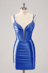 Black Spaghetti Straps Bodycon Satin Corset Homecoming Dress with Beading