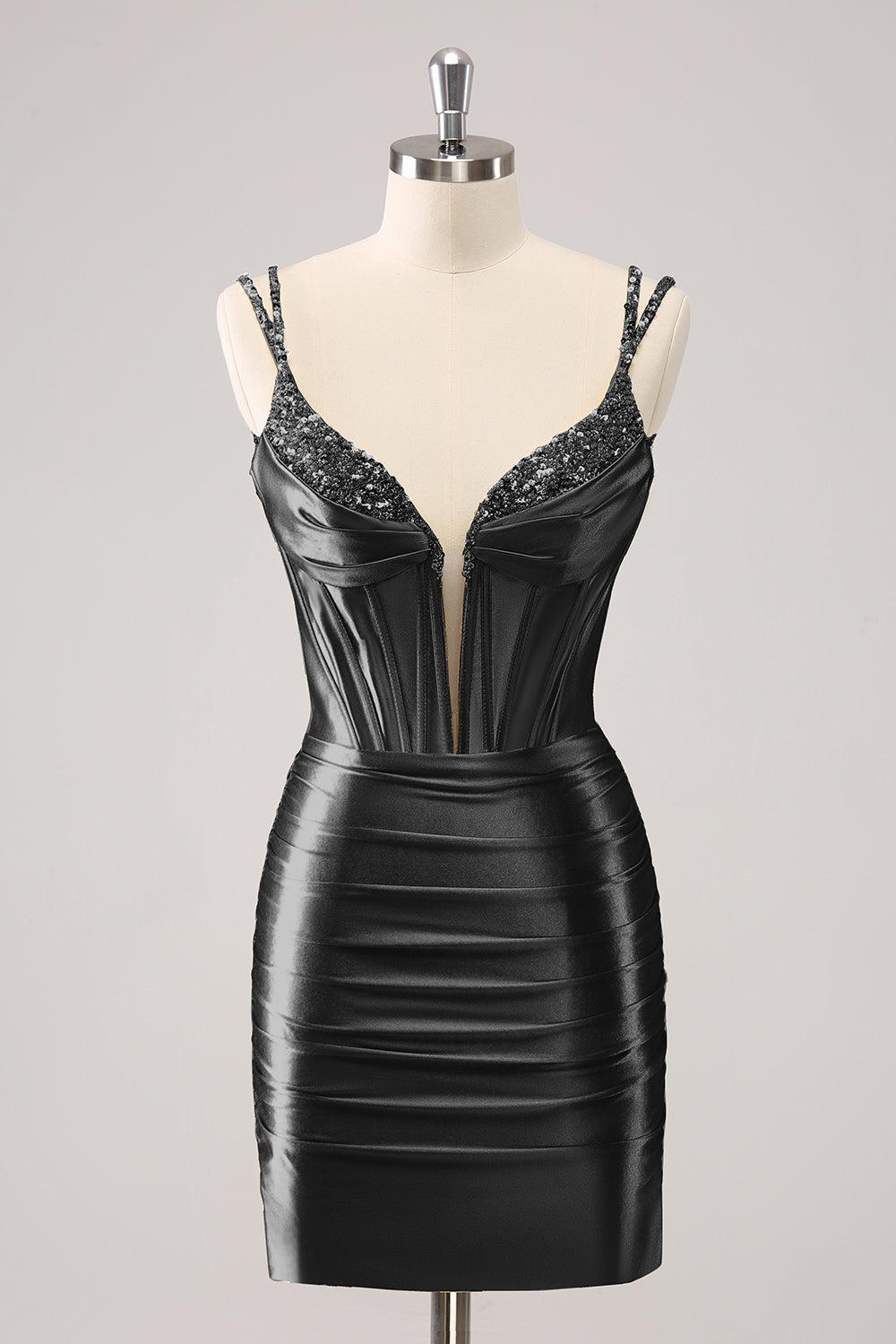 Black Spaghetti Straps Bodycon Satin Corset Homecoming Dress with Beading