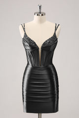 Black Spaghetti Straps Bodycon Satin Corset Homecoming Dress with Beading