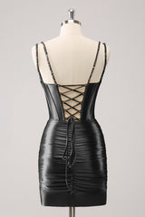 Black Spaghetti Straps Bodycon Satin Corset Homecoming Dress with Beading