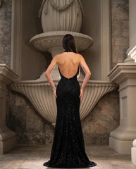 Black Strapless Mermaid Formal Dress All Over Sequin Lace Trim Open Back High Slit Sweep Train Evening Gown