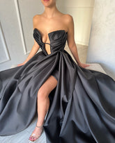 Black Strapless Plunging V-Neck Ruched Cutout Ball Gown Satin Floor Formal Evening Dress