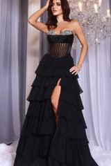 Black Strapless Sleeveless A-line Chiffon Rhinestone Ruffled Floor Formal Evening Gown