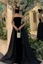 Black strapless satin A-line evening dress
