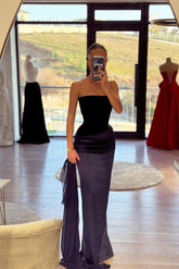 Black Strapless Sleeveless Bodycon Satin Ruched Drape Floor Length Formal Evening Gown