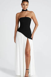 White strapless chiffon fit-and-flare evening dress