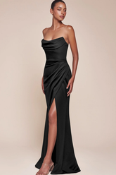 Black Strapless Sleeveless Fit and Flare Satin Ruched High Slit Floor Length Evening Dress