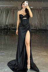 Black Strapless Sleeveless Long Split Formal Dress With Pleated