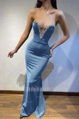Black Strapless Sleeveless Mermaid Long Formal Dress With Beading
