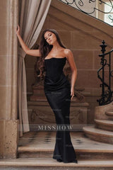 Black Strapless Sleeveless Mermaid Long Formal Dress With Pleated