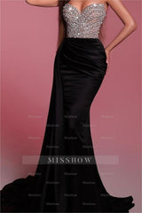 Black Strapless Sleeveless Pleated Mermaid Formal Dress With Bead Embroidery
