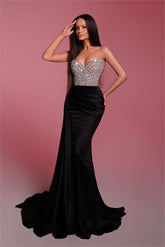 Black Strapless Sleeveless Pleated Mermaid Formal Dress With Bead Embroidery