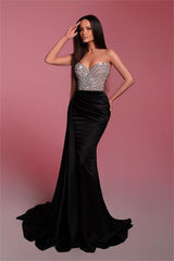 Black Strapless Sleeveless Pleated Mermaid Formal Dress With Bead Embroidery